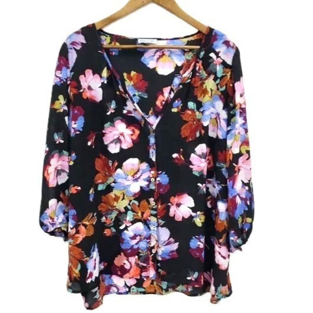 Floral & Ivy Peasant Blouse Floral V-Neck Button Front Boho Womens 2X